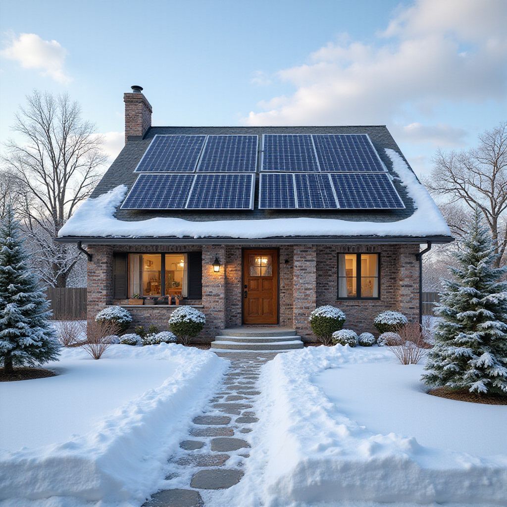 Snow-covered house with solar panels on roof; brick facade, stone path, winter trees.