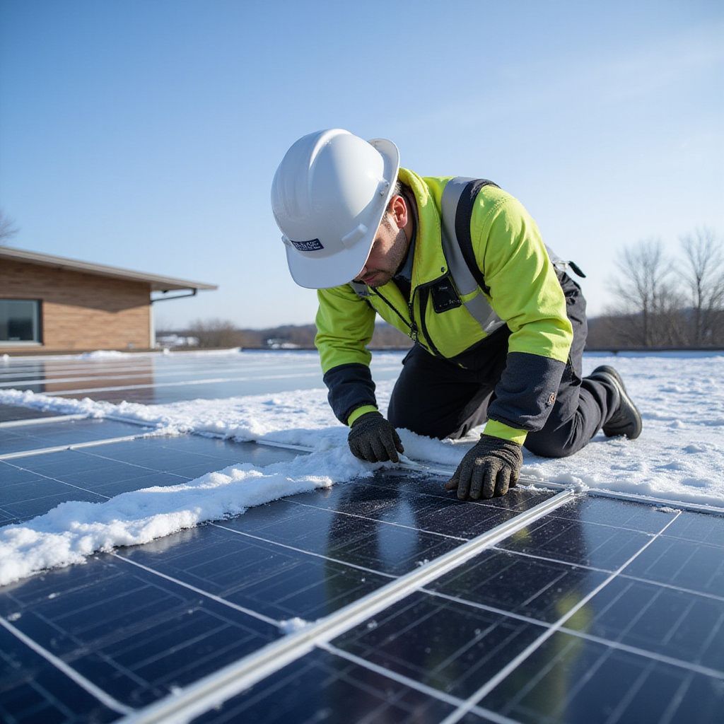 Person in safety gear inspecting solar panels on a snowy rooftop.