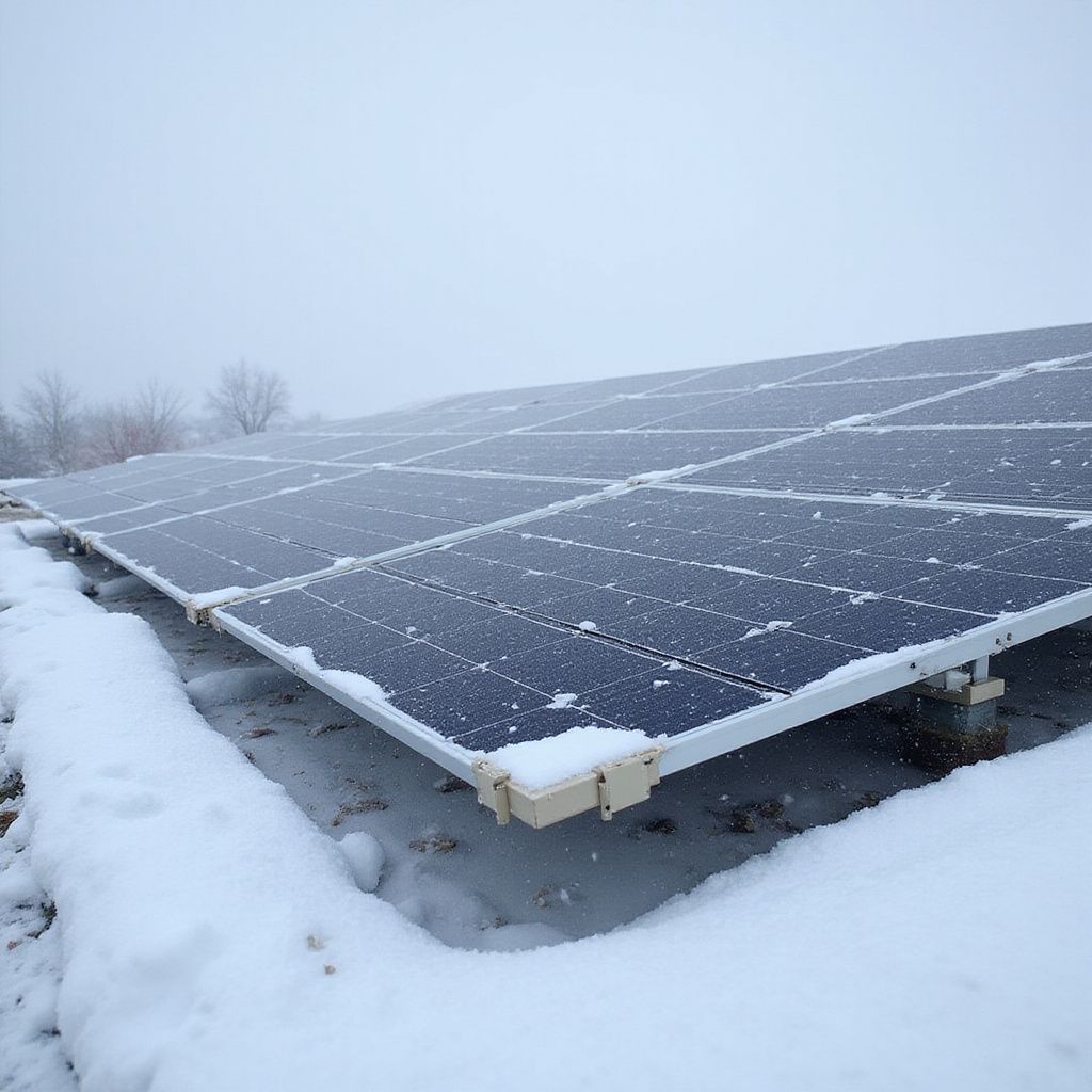 Solar panels covered in snow on a cloudy day.