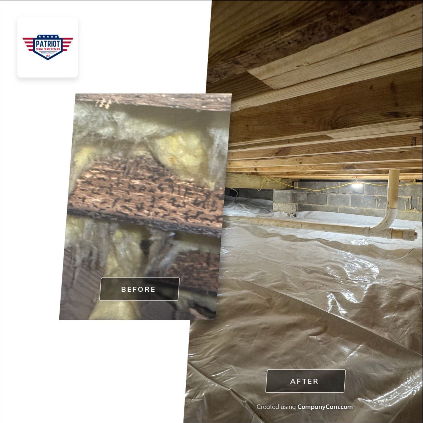 Crawl space renovation before after, mold cleaning, dehumidifier, encapsulation in Suffolk VA.
