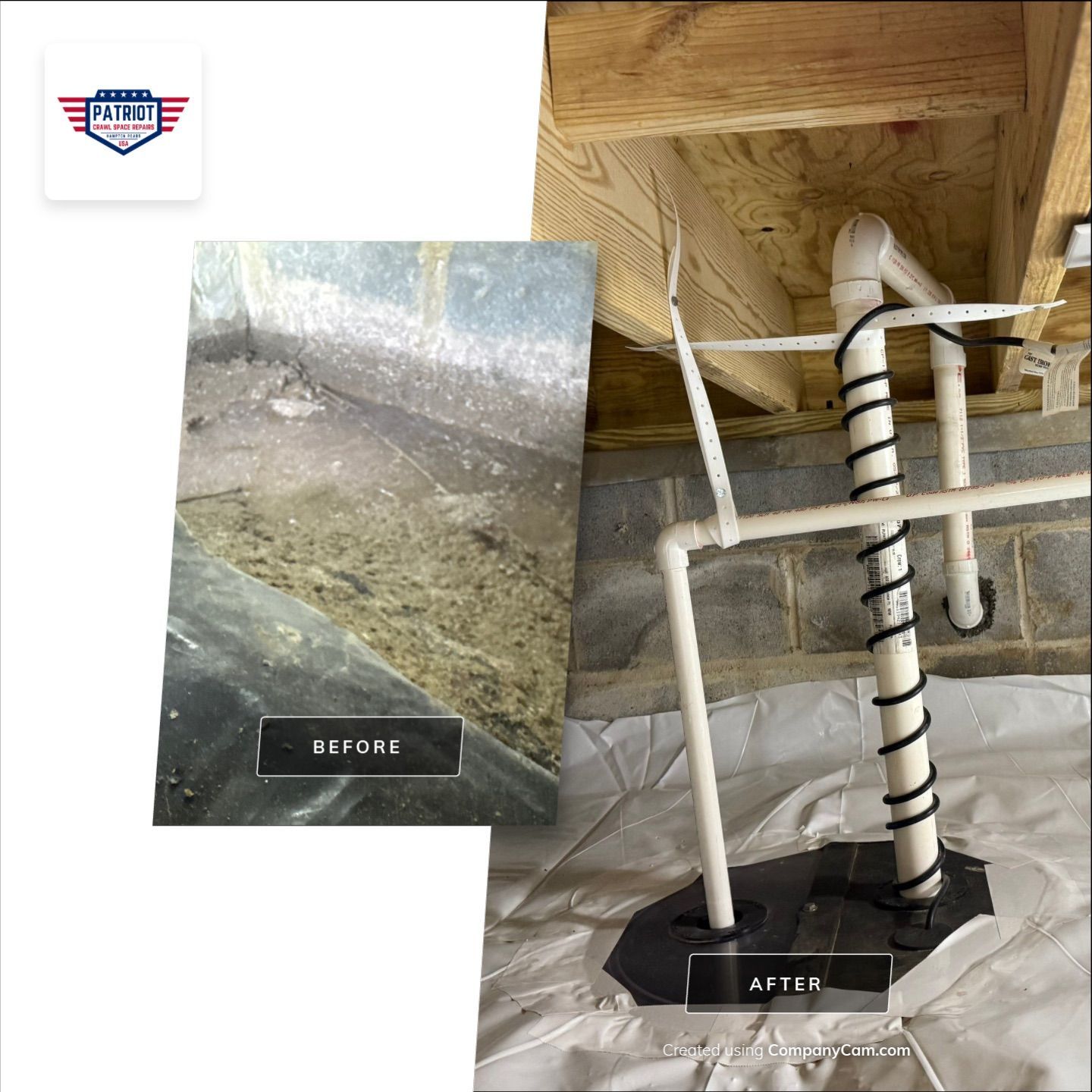 Crawl space encapsulation and sump pump before after in Smithfield va
