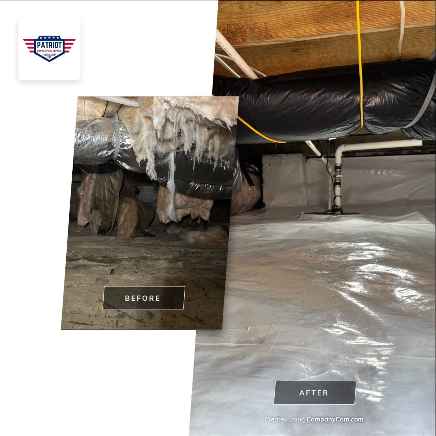 Southampton county VA crawl space encapsulation and structural repair and sump pump before after.