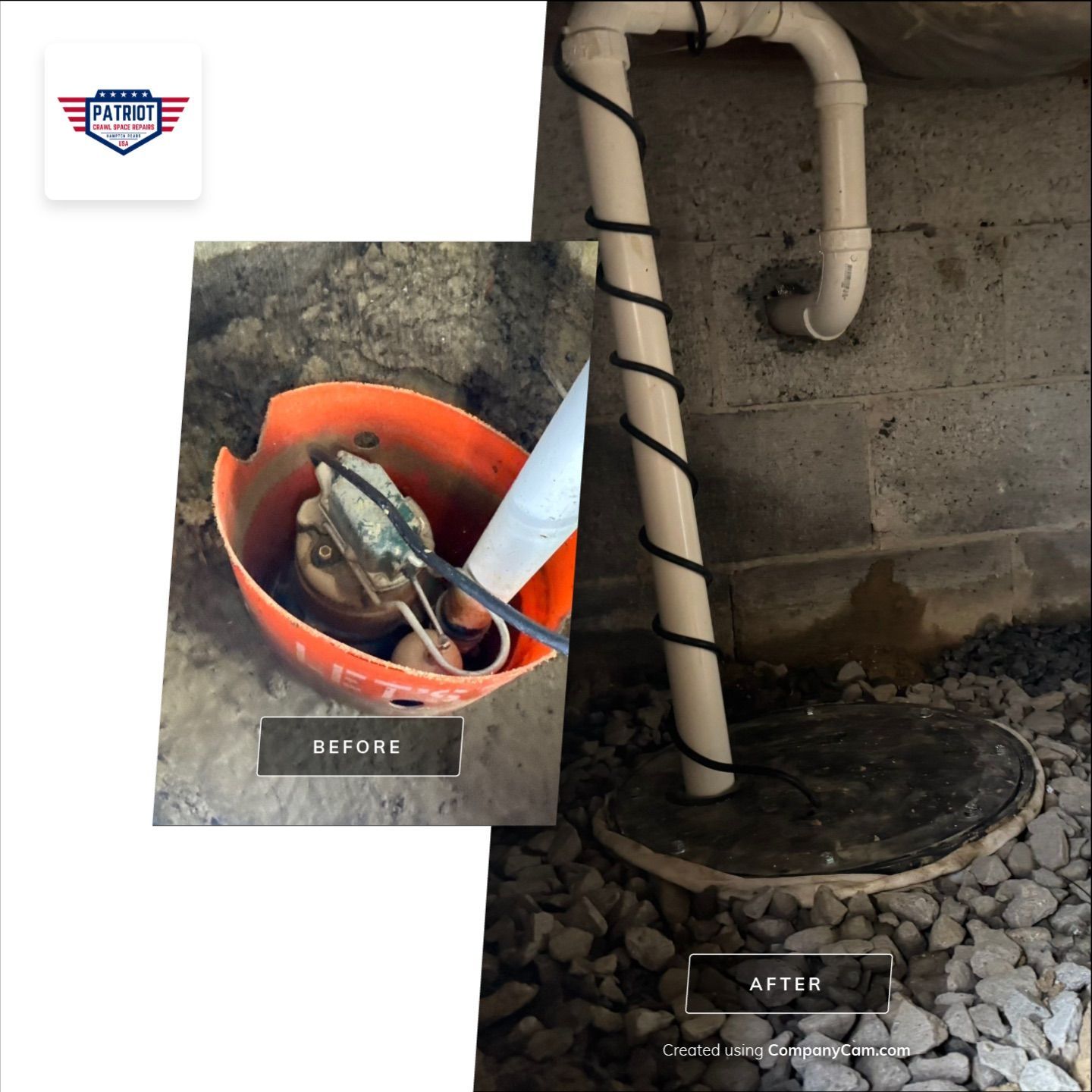 Southampton county VA sump pump and drain job before after.