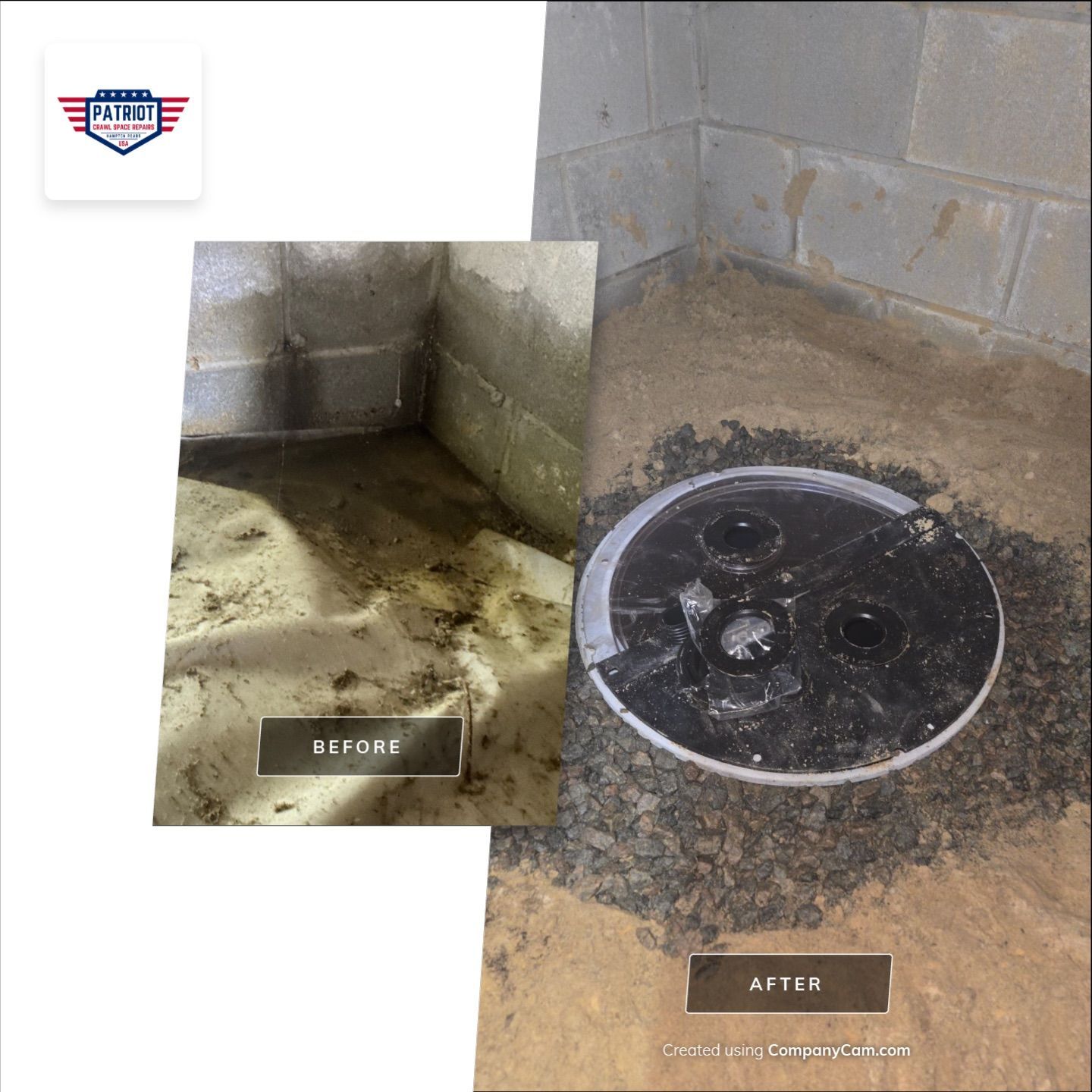 Smithfield VA sump pump and encapsulation before after.