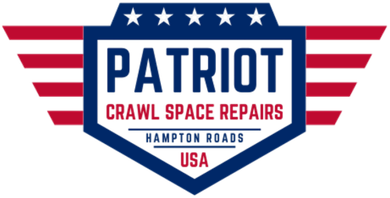 Logo for Patriot Crawl Space Repairs in Hampton Roads, USA, featuring a shield with patriotic colors and stars.