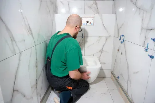 Man installing a wall-mounted toilet in a bathroom with white marble tile.