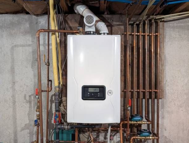 White wall-mounted boiler with digital display and copper piping in a basement setting.