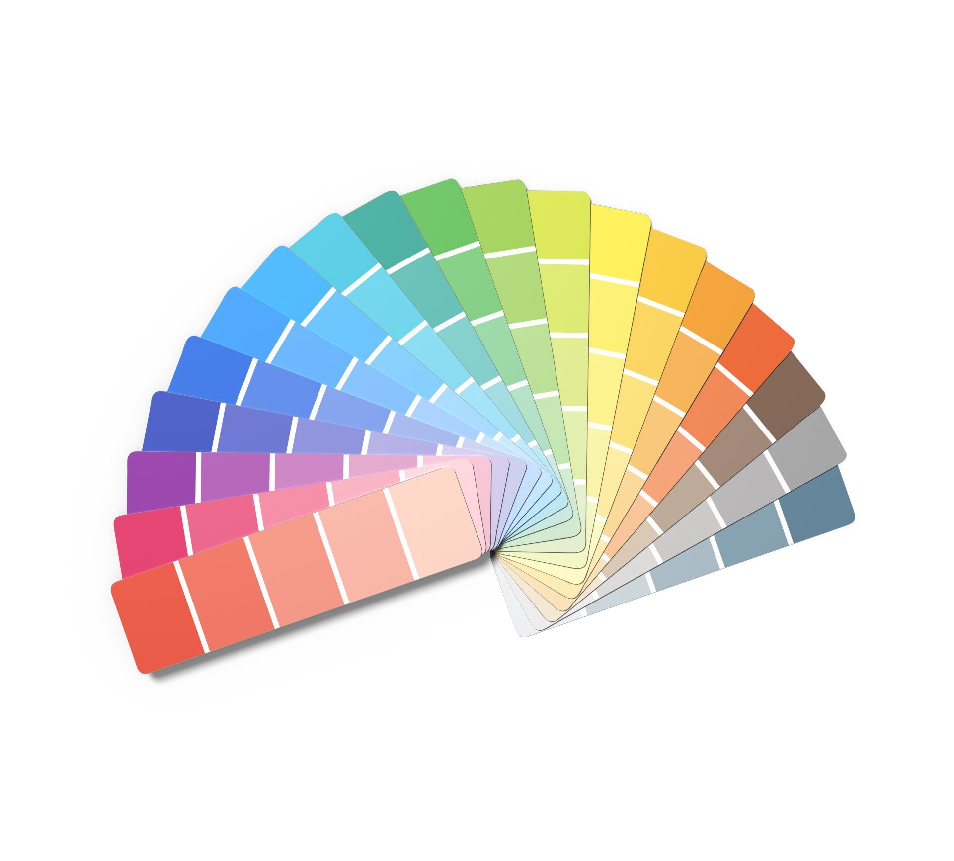 A fan of paint samples in a variety of colors
