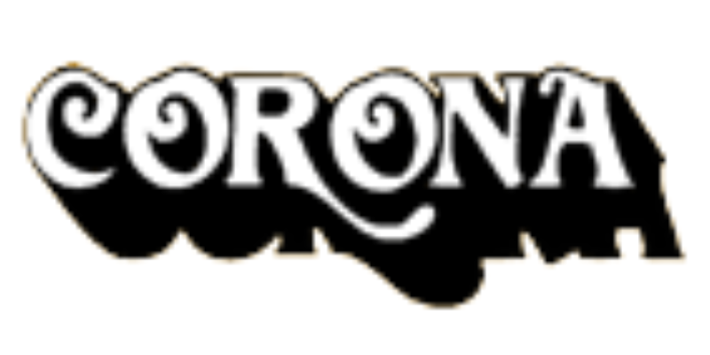 A black and white corona logo on a white background