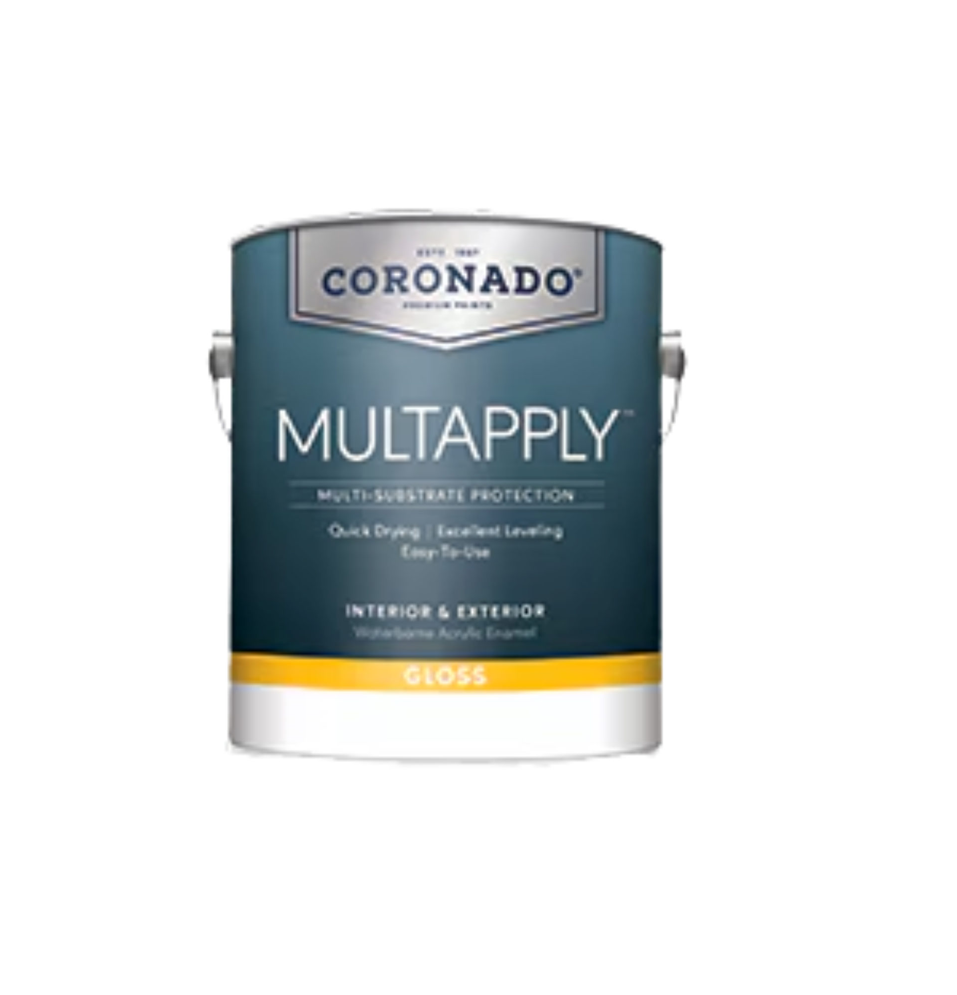 A can of coronado multapply paint on a white background