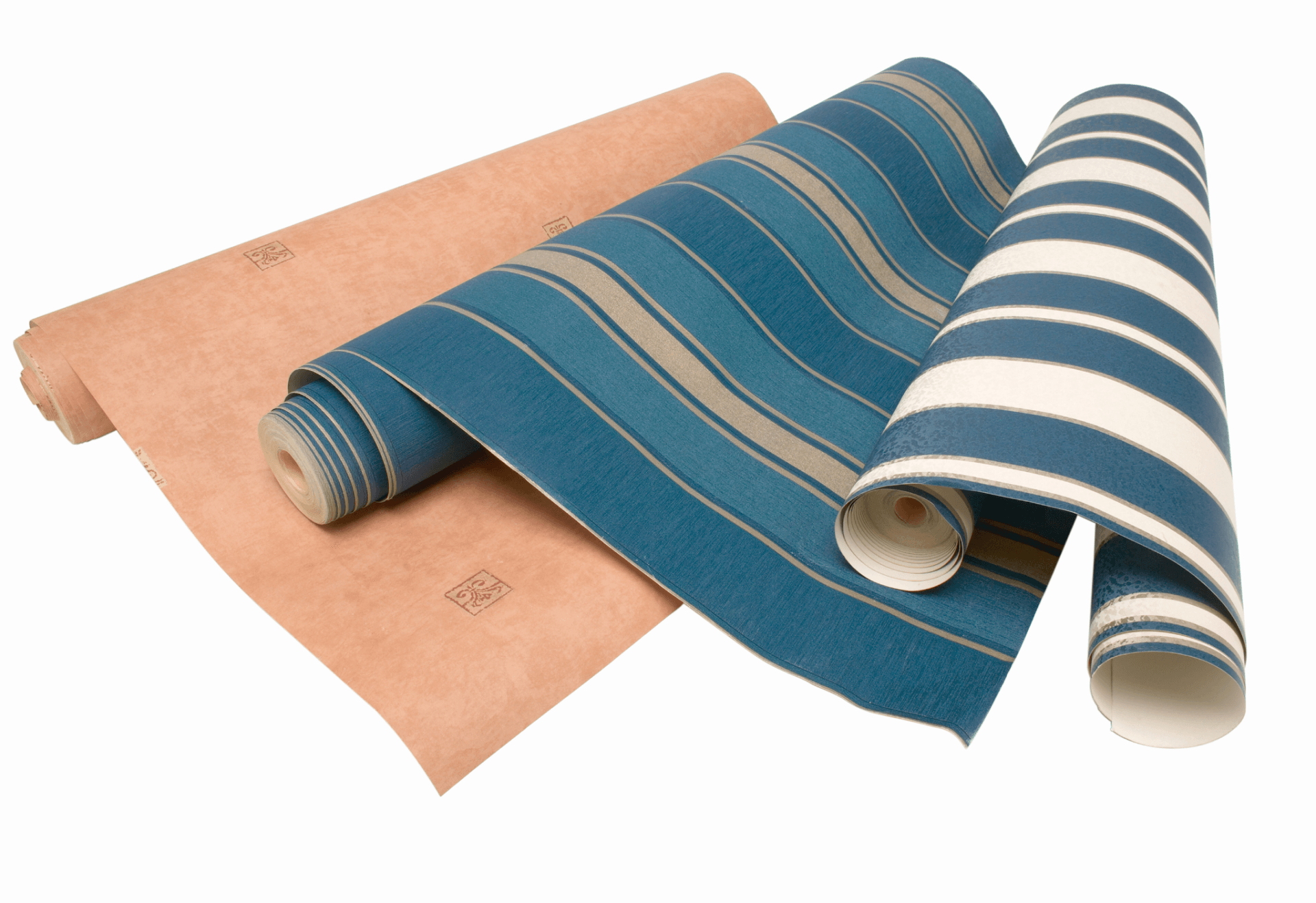 Three rolls of striped wallpaper on a white background