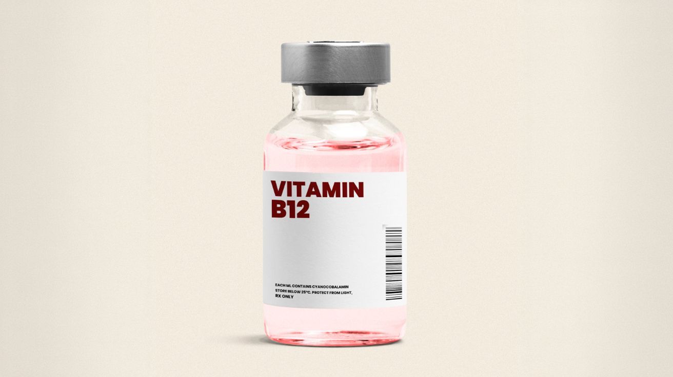 Vial of pink Vitamin B12 liquid; white label with brown text against a light beige background.