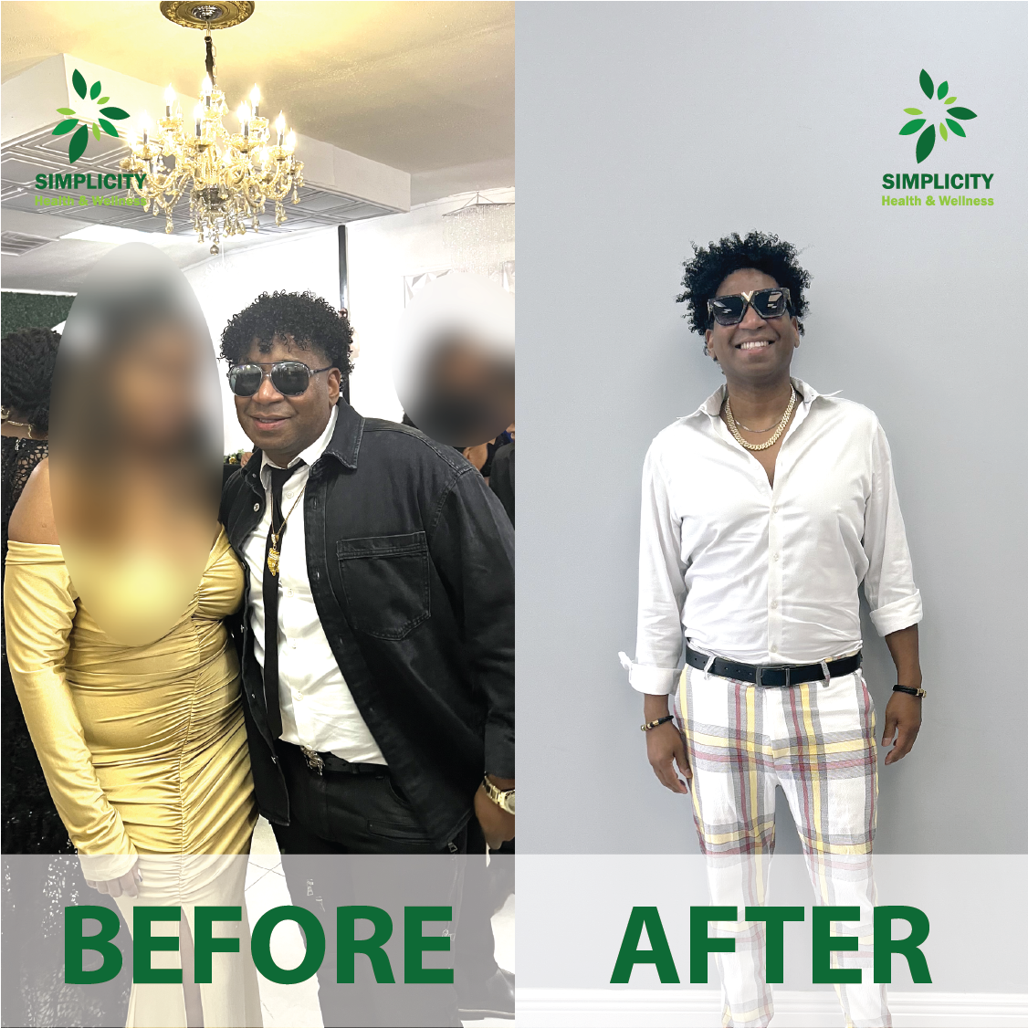 A before and after photo of a man and a woman.