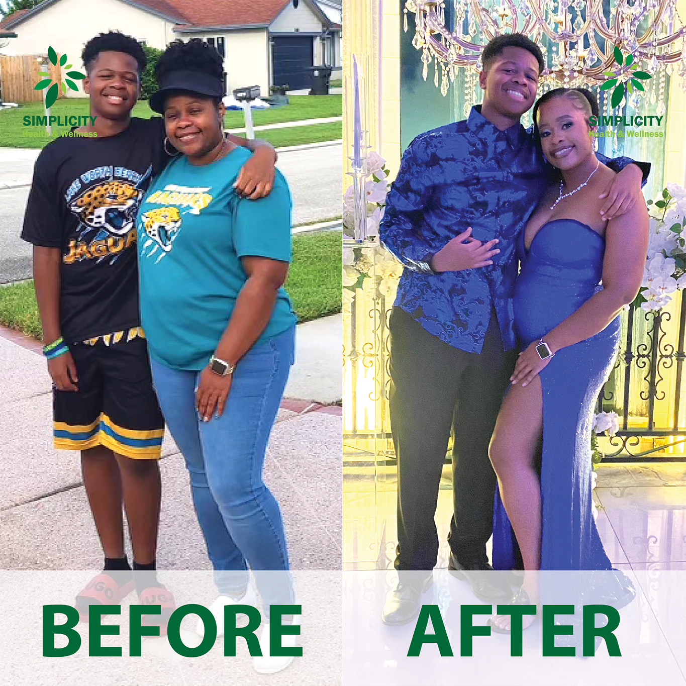 A before and after photo of a couple standing next to each other