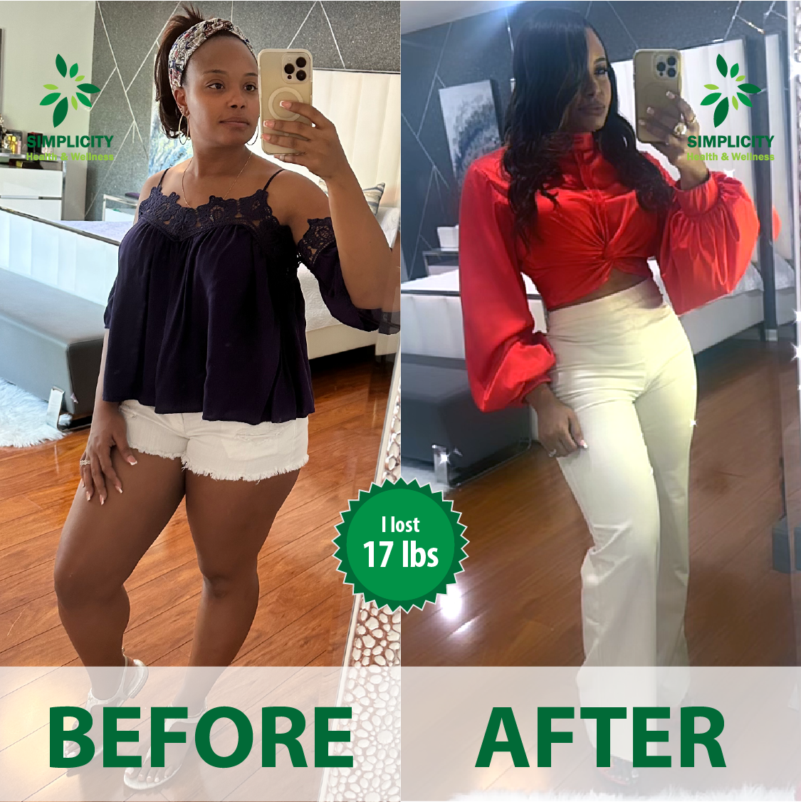 A woman is taking a picture of herself before and after losing 17 lbs.