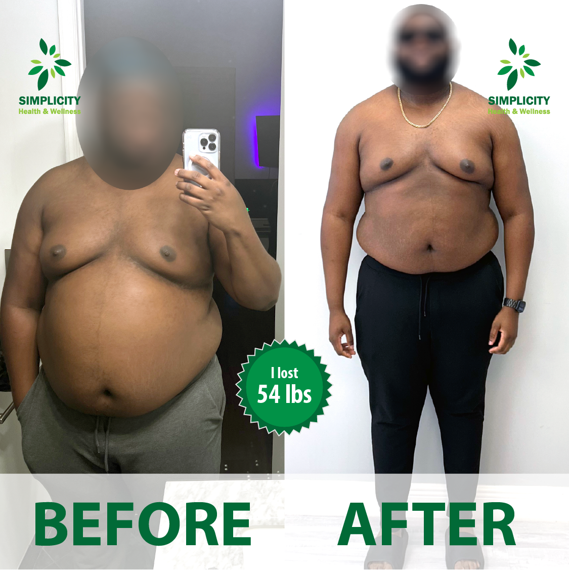 A picture of a man before and after losing 54 lbs