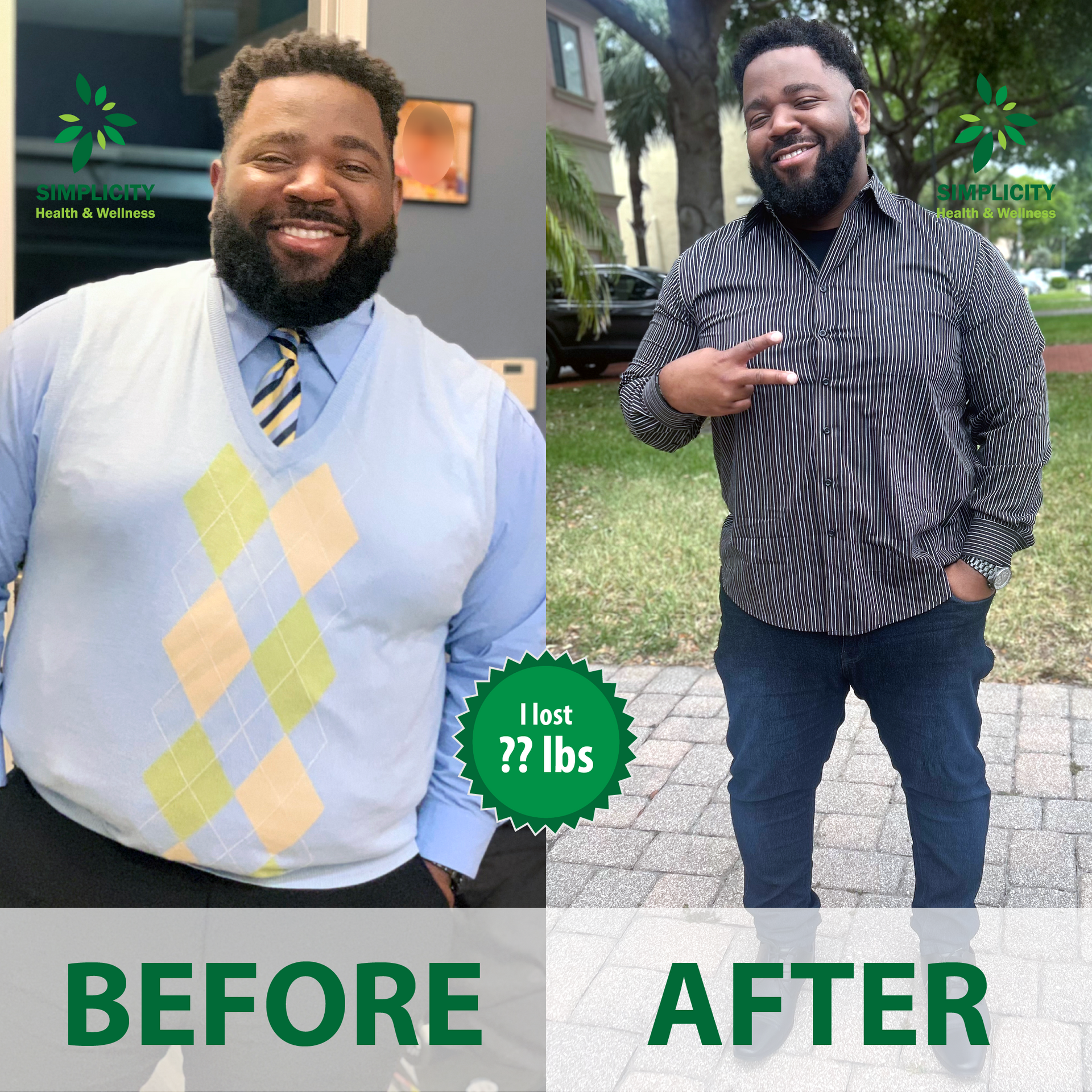 A before and after picture of a man with a beard