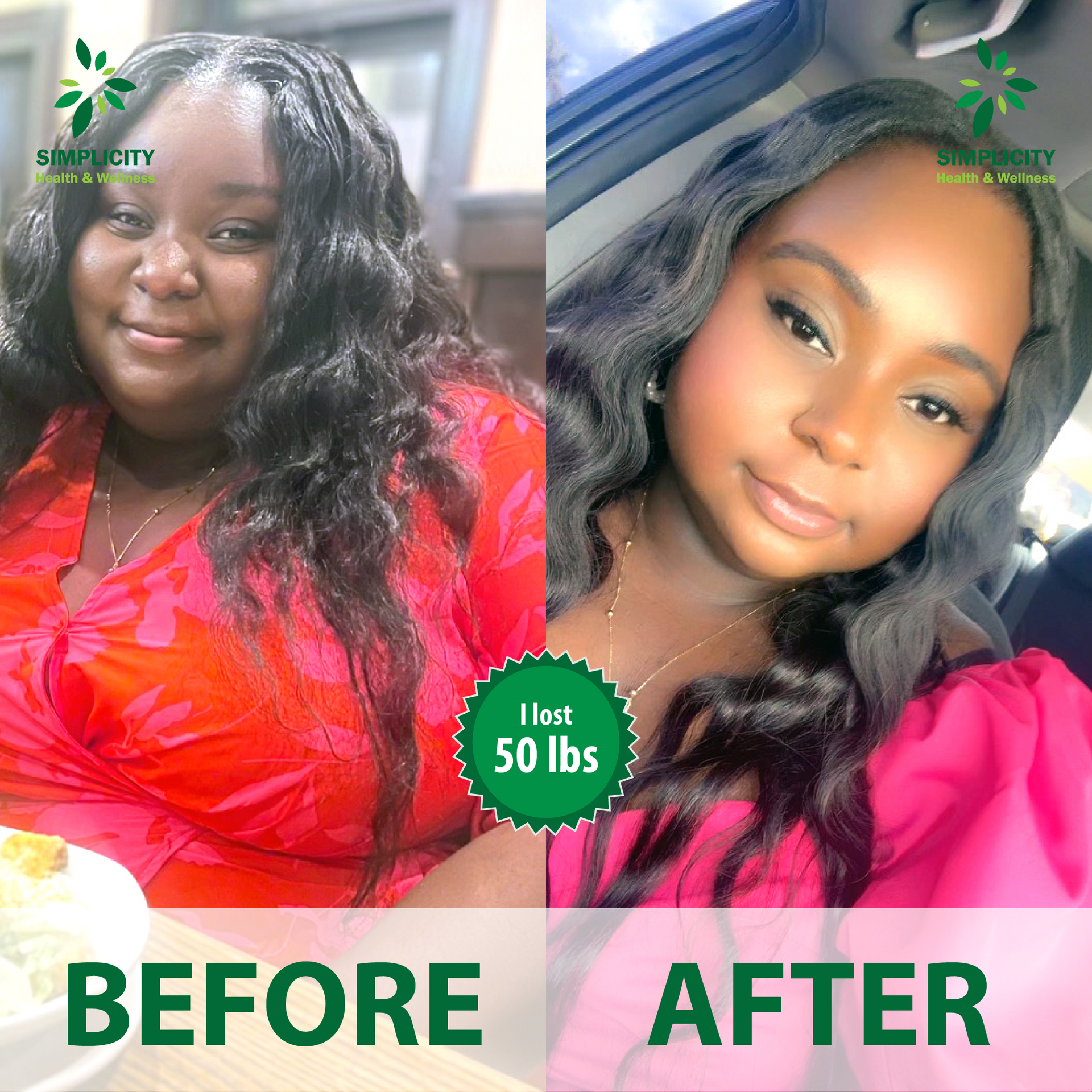 A woman is shown before and after losing 50 lbs.