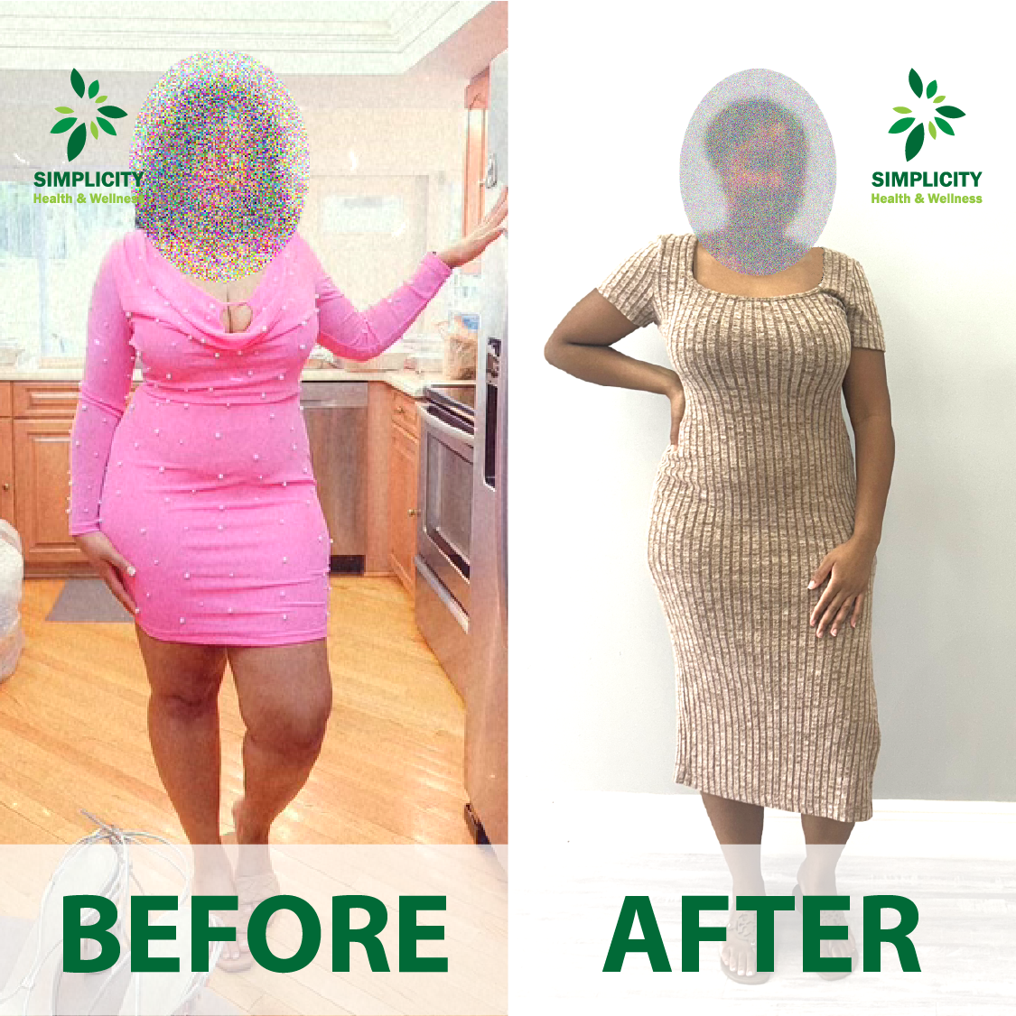 A before and after photo of a woman in a pink dress and a woman in a tan dress.