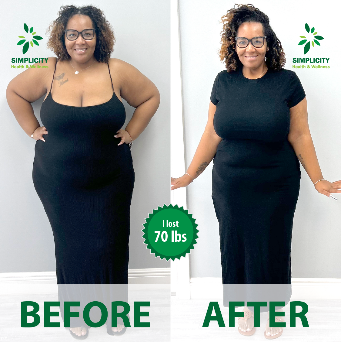 A before and after photo of a woman in a black dress