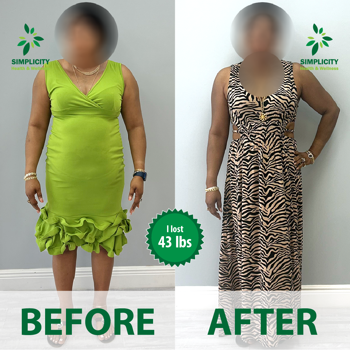 A before and after photo of a woman in a green dress and a zebra print dress