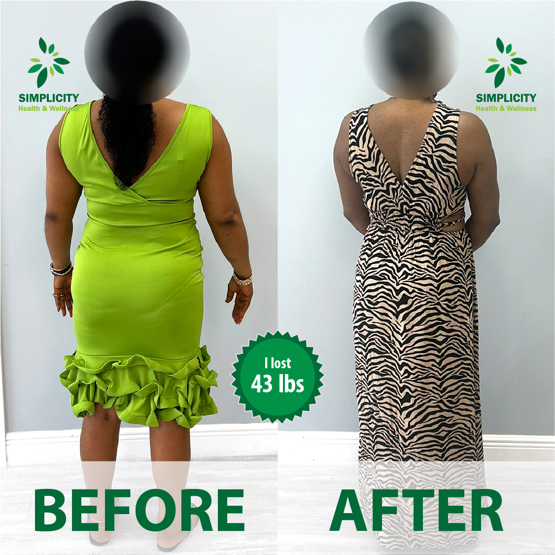 A before and after photo of a woman in a green dress and a zebra print dress