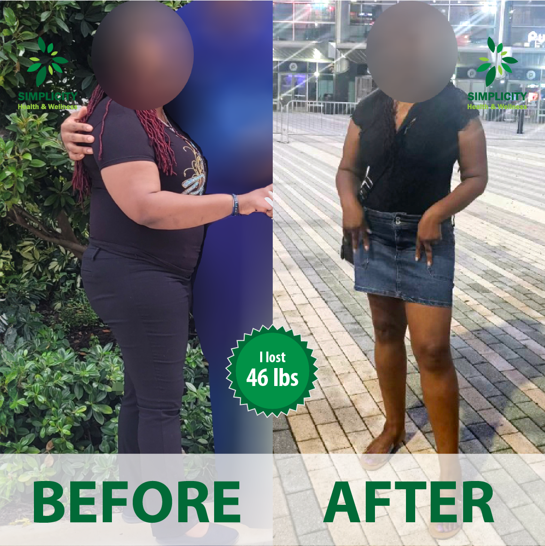 A before and after photo of a woman losing 46 lbs
