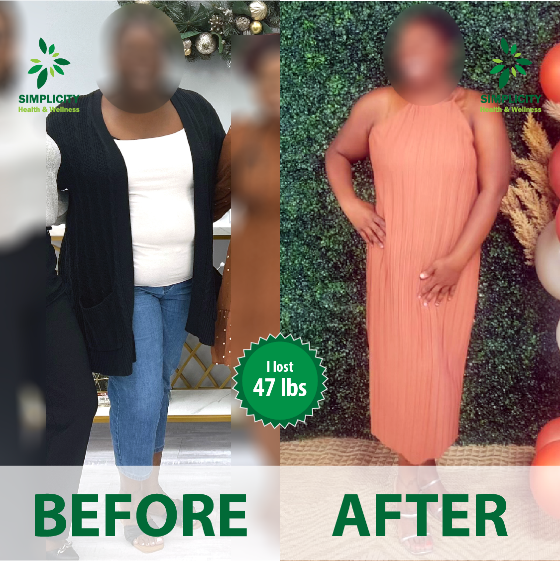 A before and after photo of a woman who lost 47 lbs