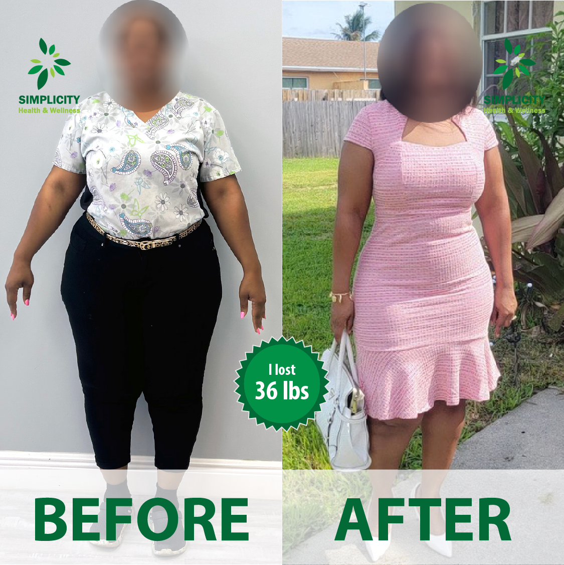 A before and after photo of a woman in a pink dress