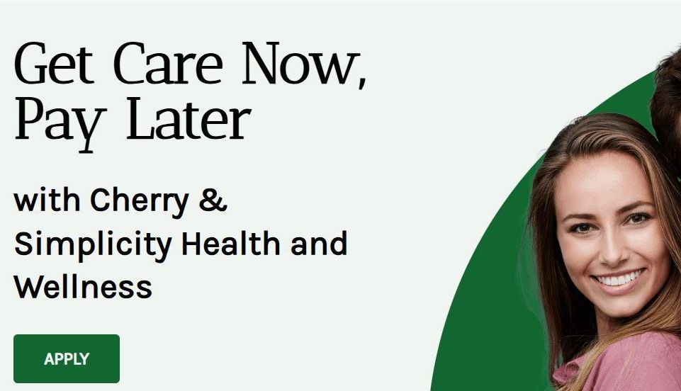 A woman is smiling in front of a green circle with the words get care now pay later with cherry and simplicity health and wellness.