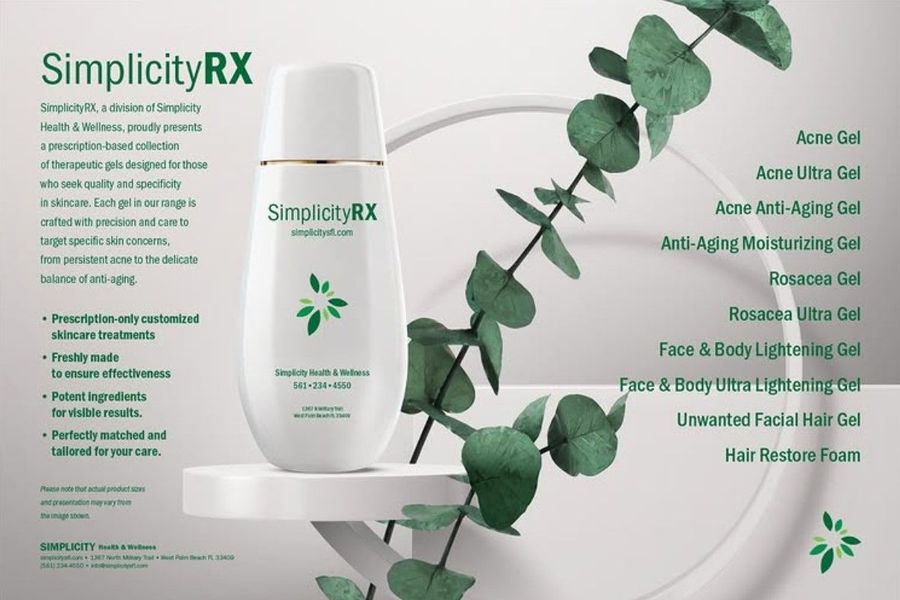 SimplicityRX product ad with white bottle, green leaves, and list of skincare benefits