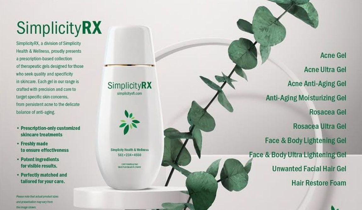A bottle of simplicity rx sits next to a plant