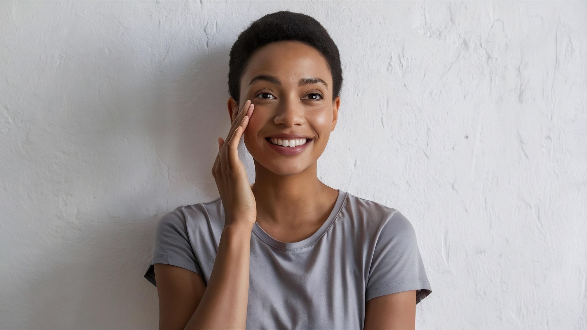 A person with short hair smiles while applying cream under their eye against a white textured wall.
