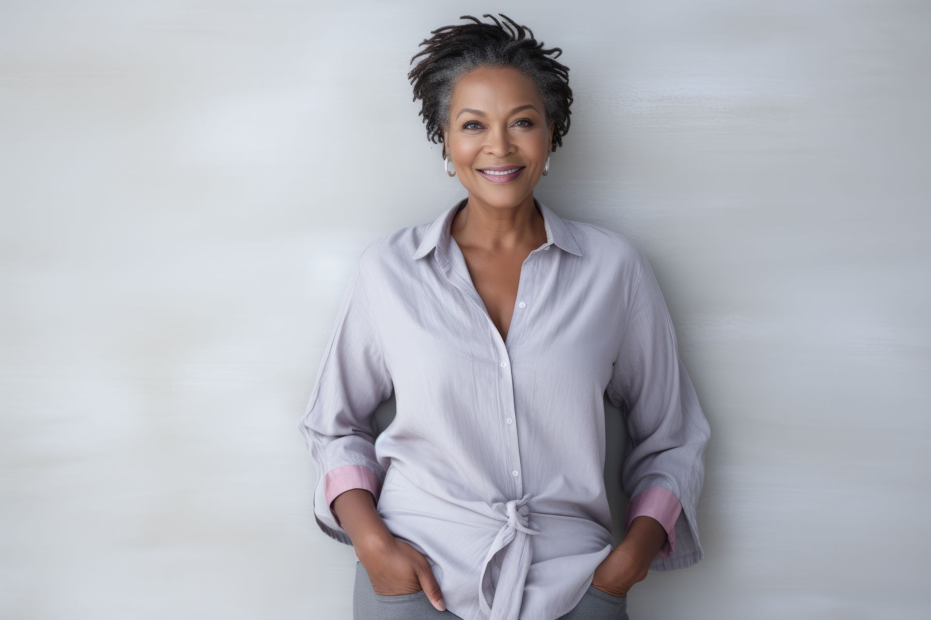 A woman is standing in front of a white wall with her hands in her pockets.