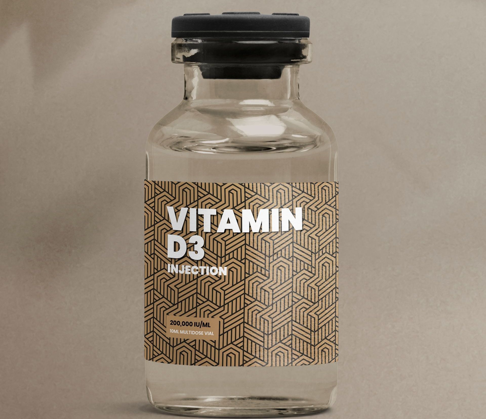A bottle of vitamin d3 injection is sitting on a table.