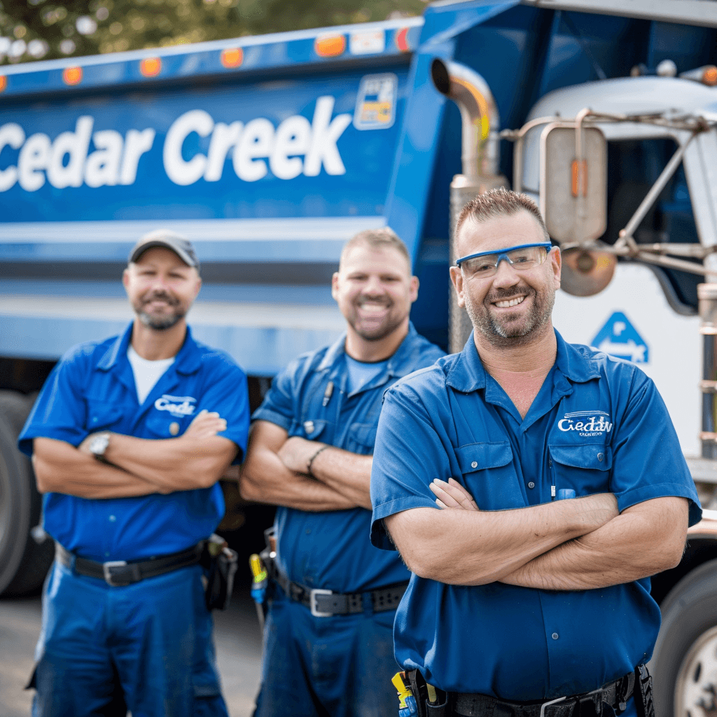 Three men in blue work uniforms standing in front of a garbage truck with arms crossed similing