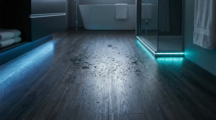 Modern bathroom with dark wood floor, glowing blue LED lights, and a shower/tub area