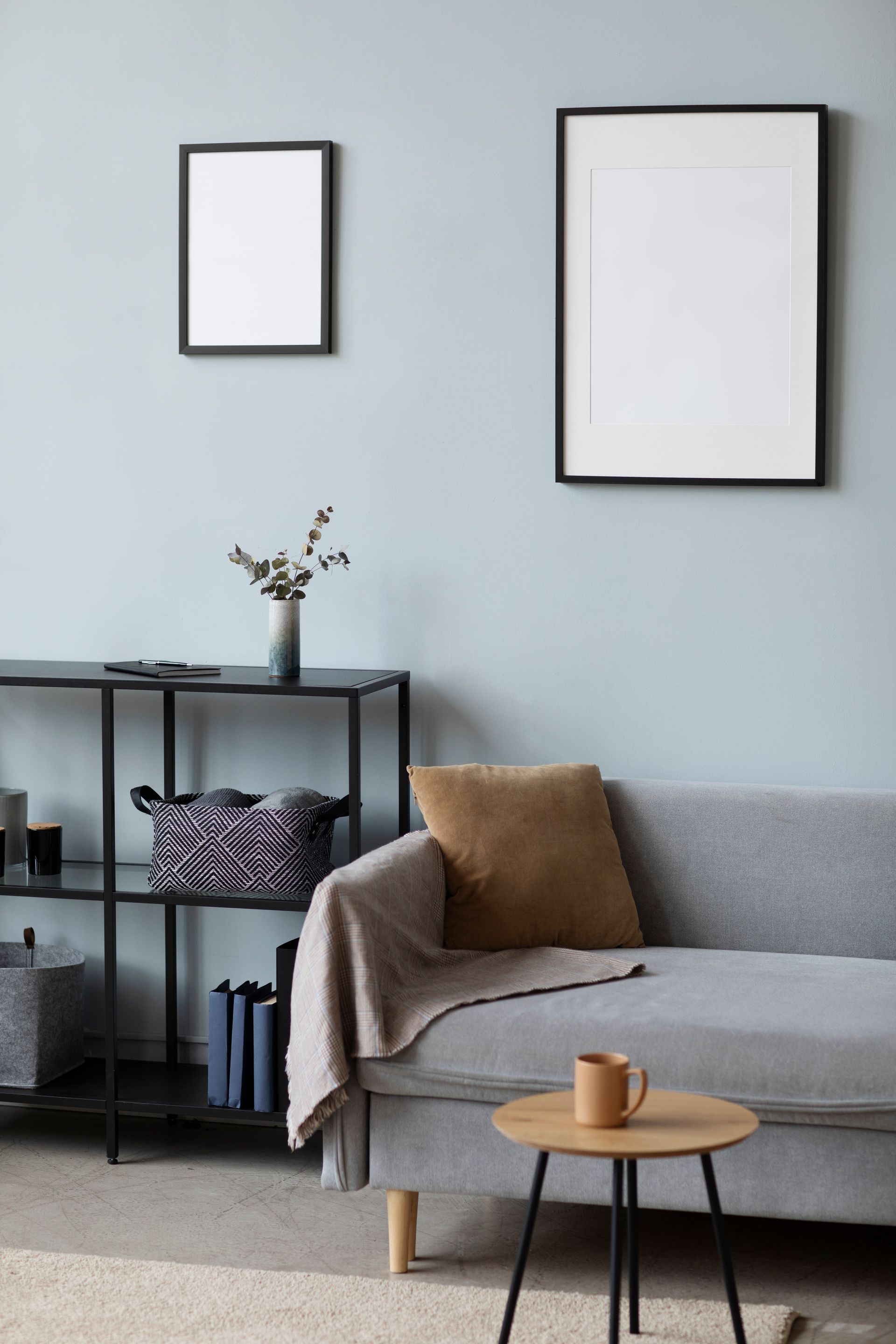 interior design of living room with light blue walls