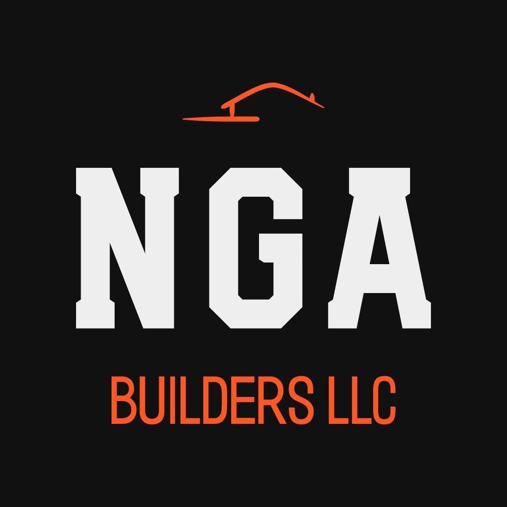 Logo for NGA Builders LLC: White "NGA" with orange roof graphic, and orange "BUILDERS LLC" on black background.