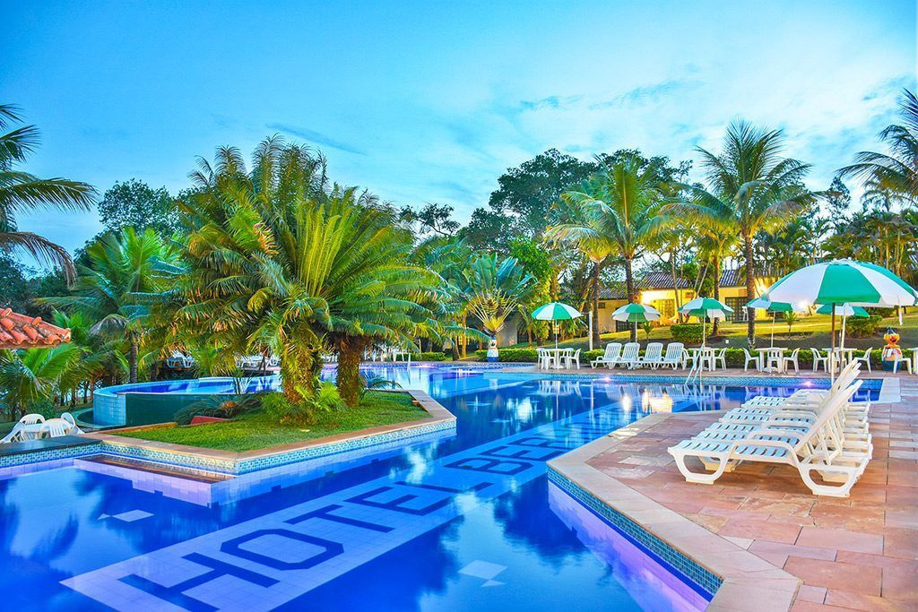 Uma grande piscina cercada por palmeiras e guarda-sóis em um hotel.