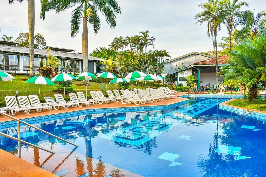 Uma grande piscina rodeada por palmeiras e cadeiras.