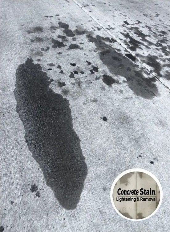 A black and white photo of a concrete stain