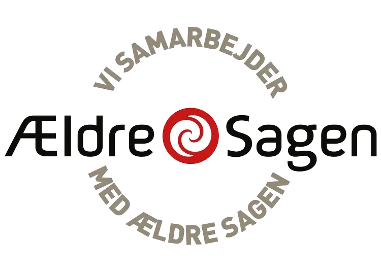 Logo for Ældre Sagen, a Danish organization, in black and red text, with surrounding text 