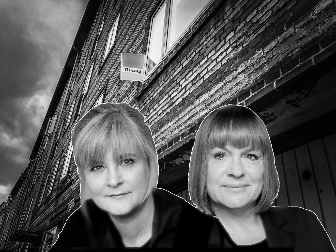 To kvinder med en murstensbygning som baggrund. Kasse i vinduet.