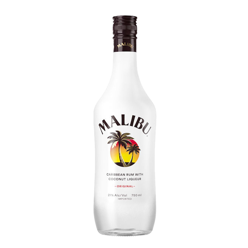 Bottle of Malibu coconut rum with a tropical sunset label.