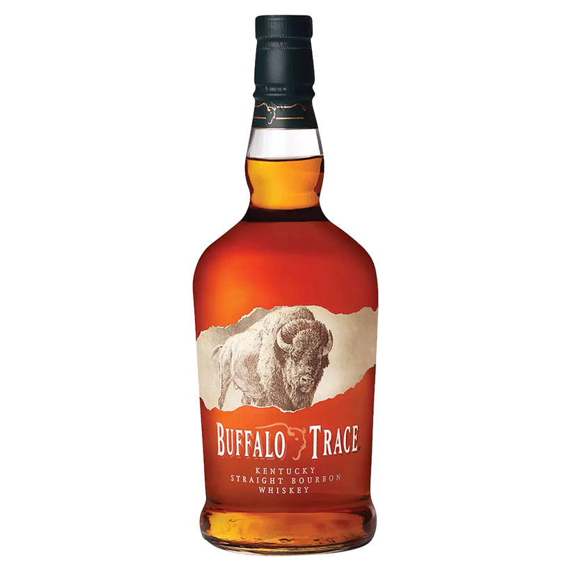 Bottle of Buffalo Trace bourbon whiskey, amber liquid, white label with bison illustration.