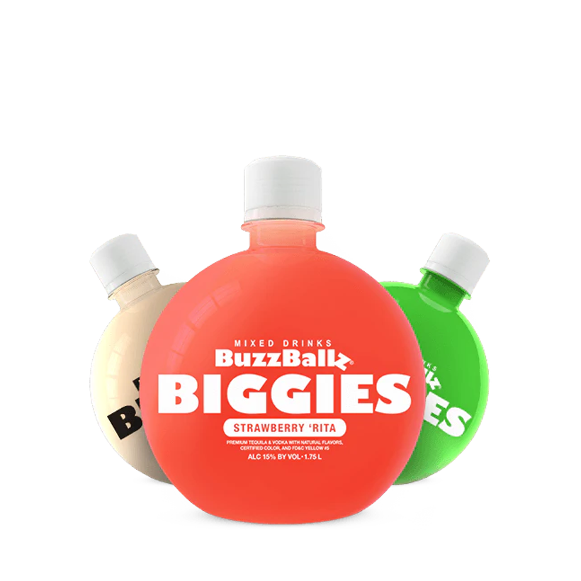 Three BuzzBallz BIGGIES cocktails in beige, red, and green, each with a white cap, on a white background.