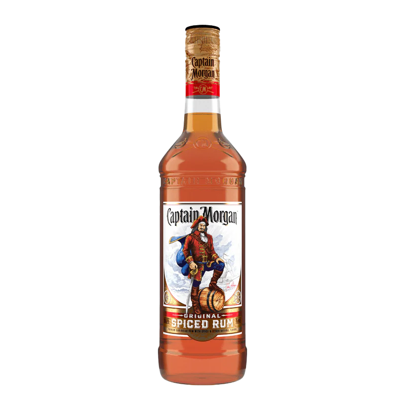 Bottle of Captain Morgan Original Spiced Rum, amber liquid, label with pirate illustration.
