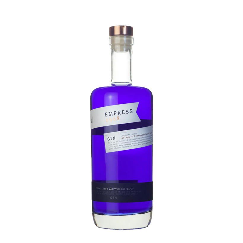 Bottle of Empress 1908 Gin. Dark purple liquid, glass bottle with white and silver label, copper cap.
