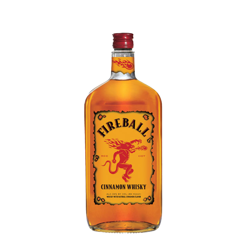 Bottle of Fireball Cinnamon Whisky with red dragon label.